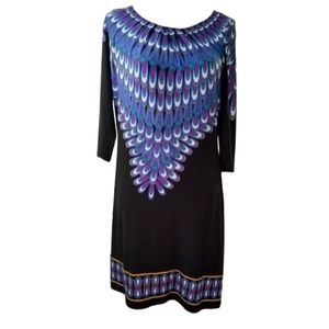 Peacock sheath dress; black and blue. Size 8 Dress Barn